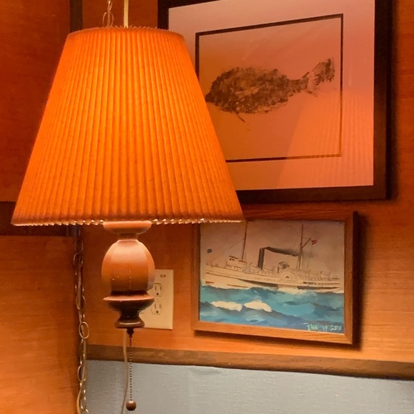 Vintage 1970s Statement Hanging Swag Light Works w Tan Linen Like Fabric Shade - Picture 3 of 9